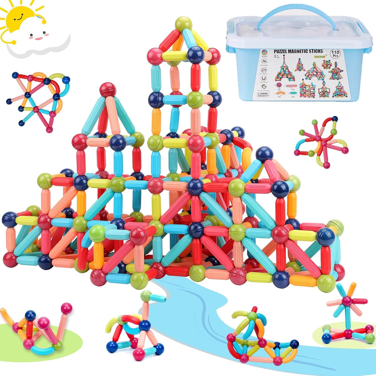 COUOMOXA Magnetic Building Blocks for Toddlers: STEM Educational Toys for 3 4 5+ Years Old Kids - Magnetic Stick Montessori Game for Family for Boys Girls