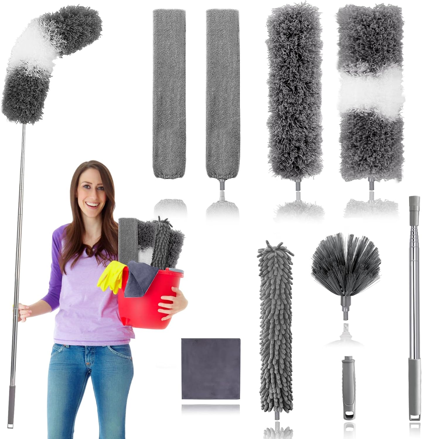 Dusters for Cleaning,9Pcs Feather Duster with Extension Pole Up to 100'',Bendable Extendable Long Feather Duster for Cleaning Fan,High Ceiling,Blinds,Furniture,Cars