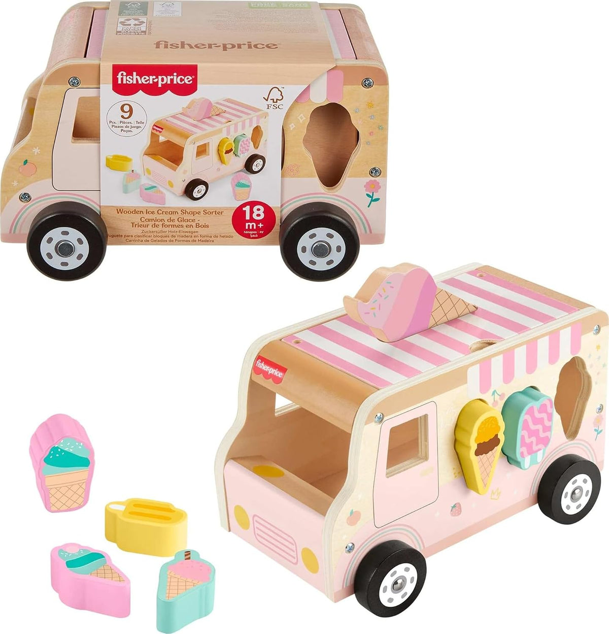 Fisher-Price Wood Ice Cream Truck Shape Sorter Set | 9 Wooden Pieces for Developmental Play, Toddler Toy for Kids Ages 18+ Months