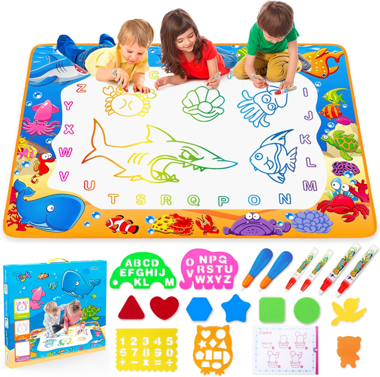 Water Doodle Mat - Kids Color Painting Toy, Gift Set for Toddlers 3-7 | Great Educational Water Doodle Mat - Toddler Painting Toy Gift with Fun Stencils, Magic Pens & Drawing Templates for Kids