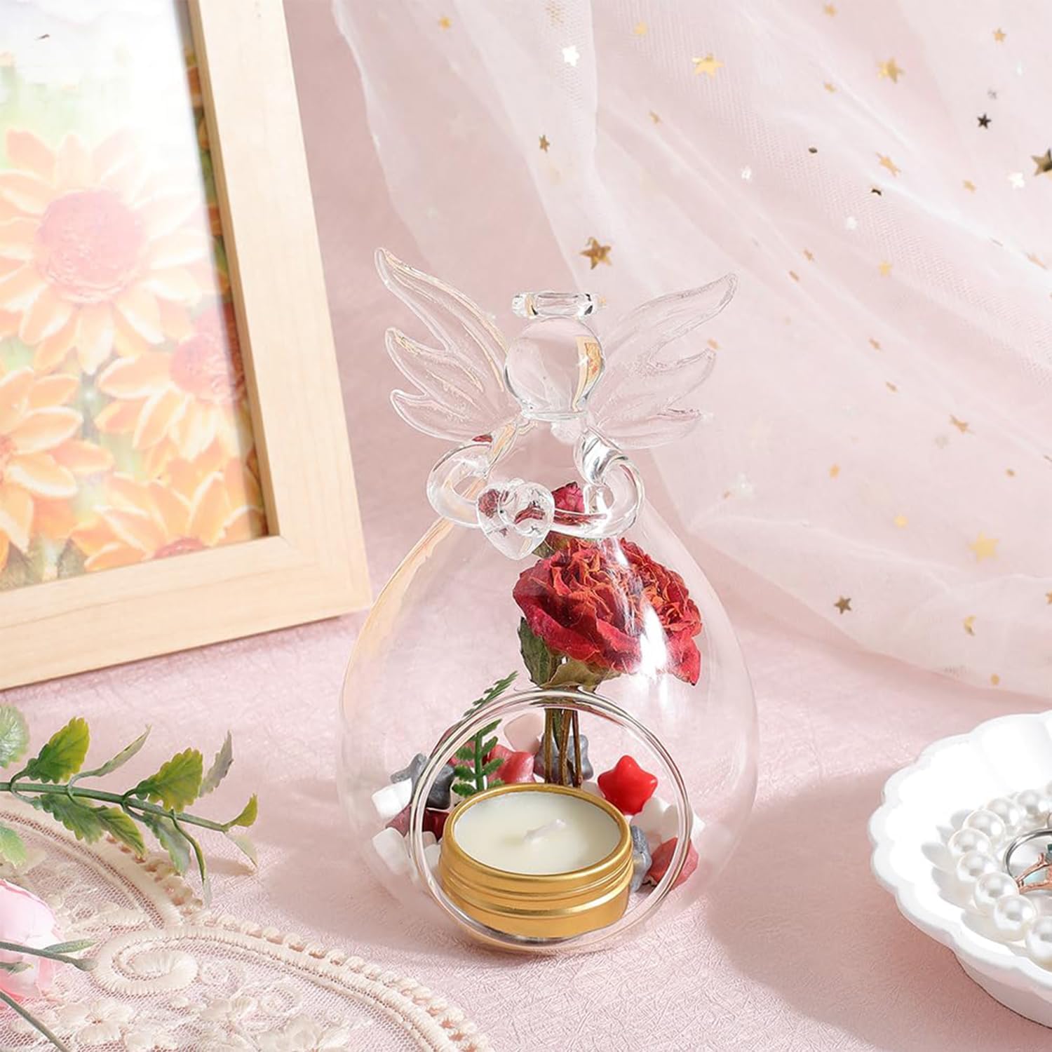 Clear Glass Angel Tealight Candle Holders Hanging Votive Candlestick Plants Flower Vase for Wedding Christmas Valentine Decor