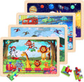 Wooden Educational Jigsaw Puzzles for Preschool Kids Ages 3-5, 4-Pack with 20 Pieces Dinosaur, Space, Transportation Wood Puzzles Set, Kids Brain Teaser Toys, Gifts for Boys Girls Ages 3 4 5 6