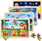 Wooden Educational Jigsaw Puzzles for Preschool Kids Ages 3-5, 4-Pack with 20 Pieces Dinosaur, Space, Transportation Wood Puzzles Set, Kids Brain Teaser Toys, Gifts for Boys Girls Ages 3 4 5 6