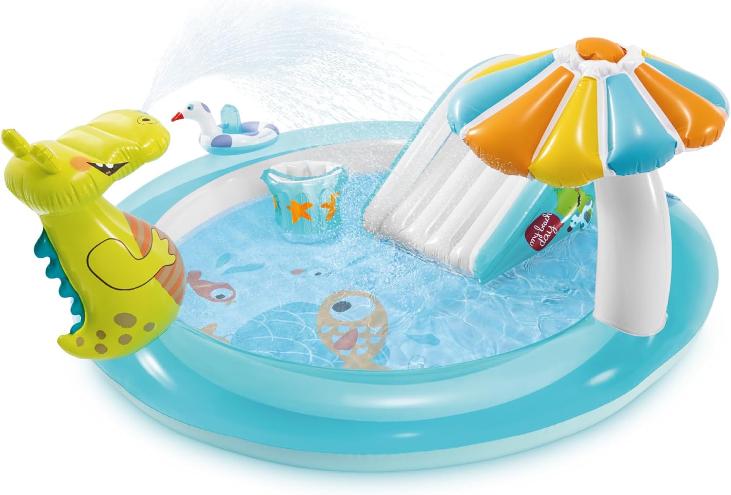 INTEX Dinoland Inflatable Swim Center & Kiddie Pool for Outdoor Play | 57135EP - Blow Up Water Park with Slide, Sprinkler, and Fun Games for Kids Ages 2 and Up