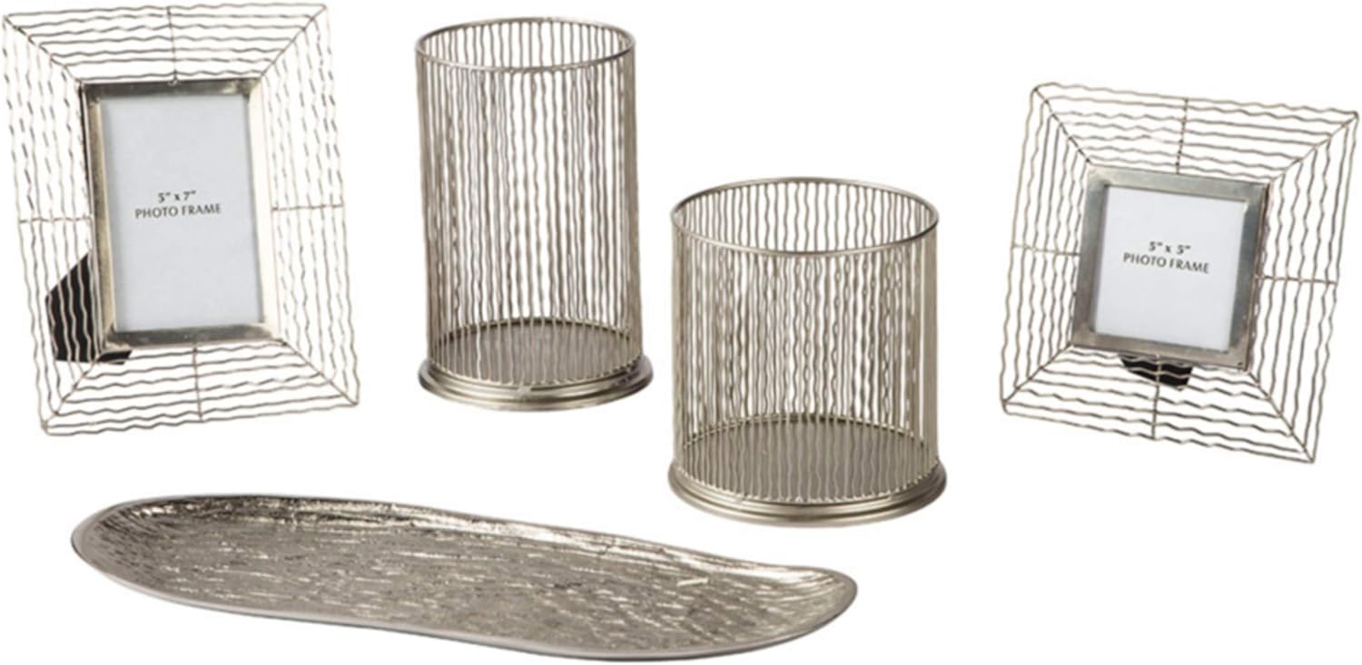 Signature Design by Ashley Dympna 5 Piece Home Décor Set with Tray, Candle Holder & Photo Frames, Silver Finish