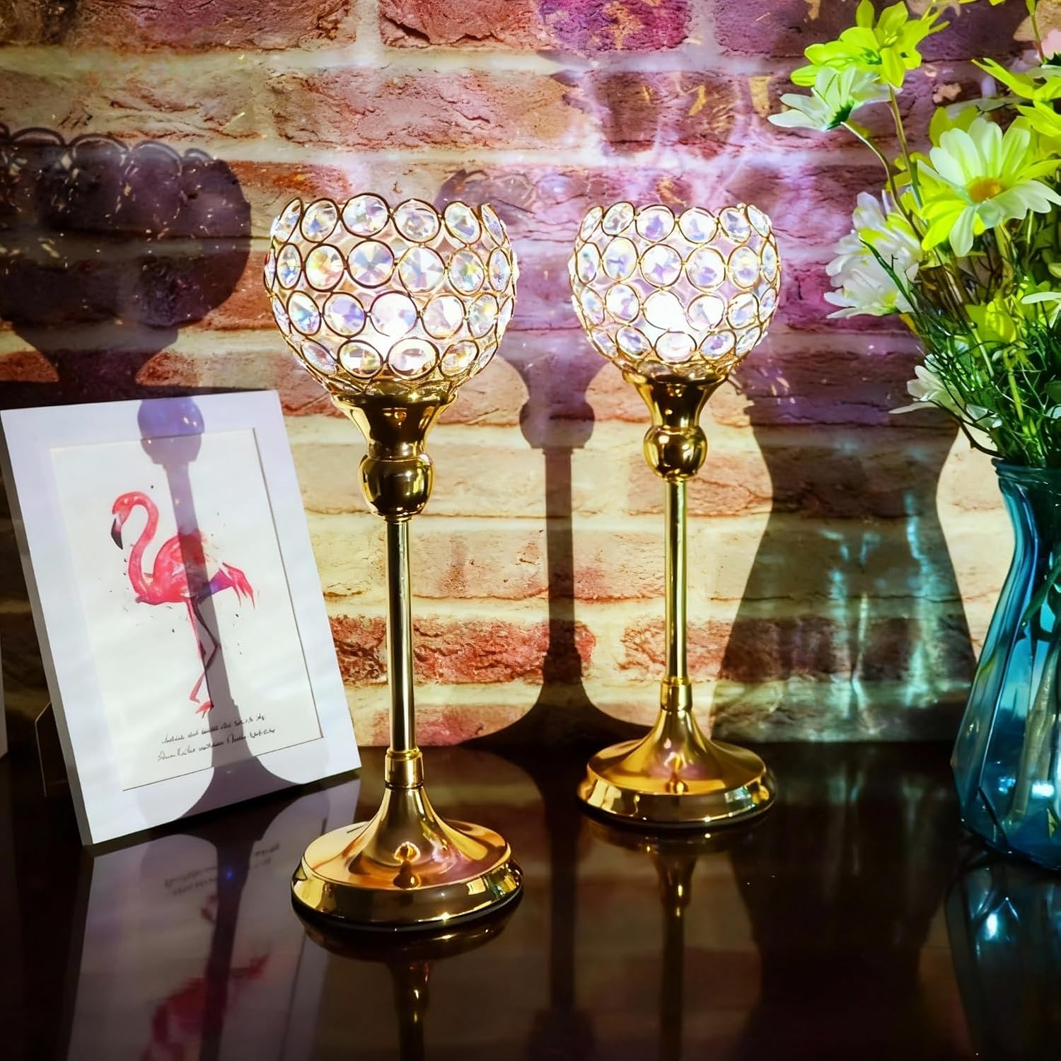 Vidisan Gold Crystal Tealight Candle Holders, Set of 2,Pillar Candle Holders Table Centerpieces for, Wedding, Home Decor，Party Housewarming Gift