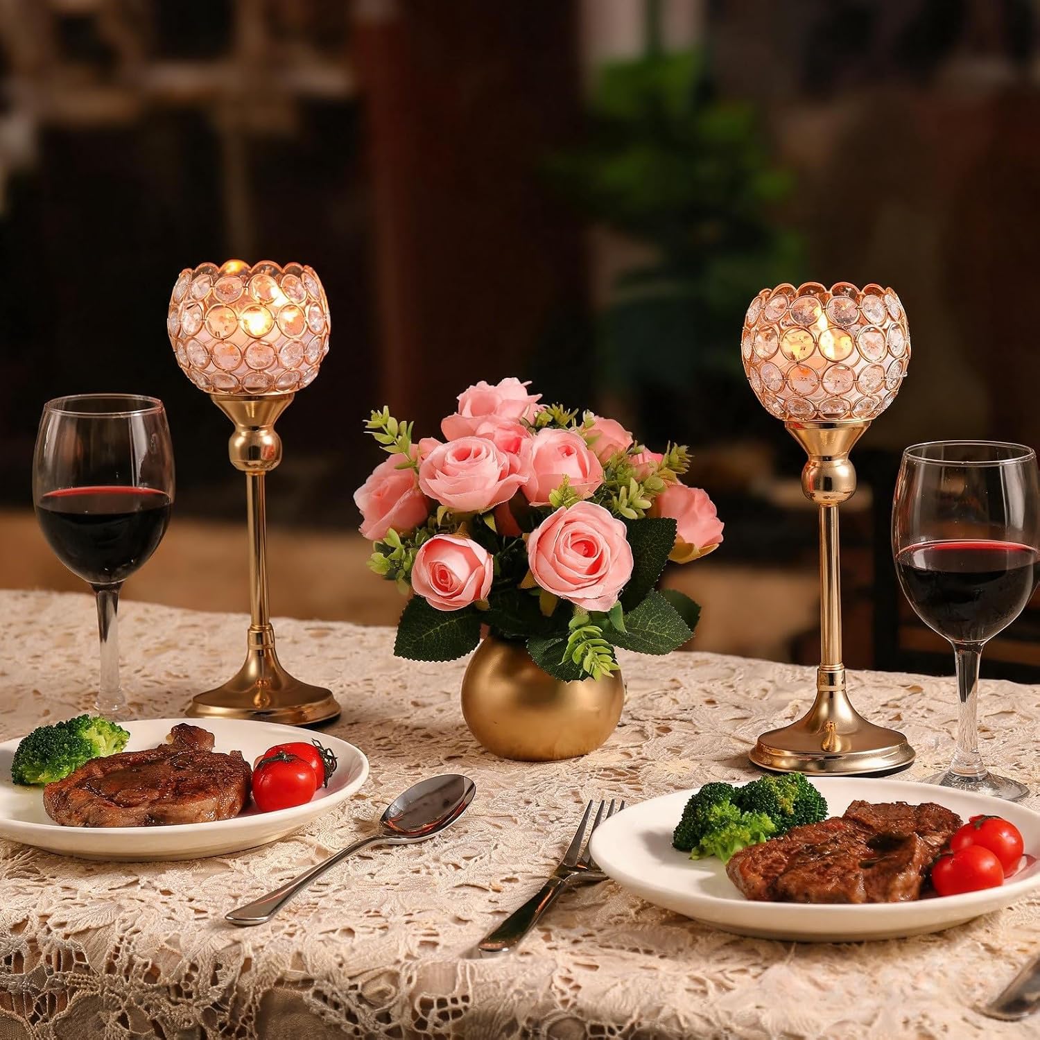 Vidisan Gold Crystal Tealight Candle Holders, Set of 2,Pillar Candle Holders Table Centerpieces for, Wedding, Home Decor，Party Housewarming Gift