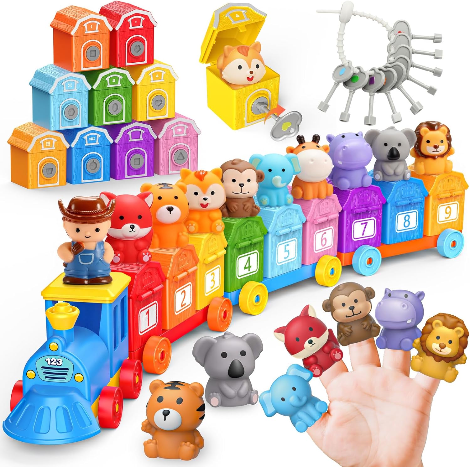 Animal Montessori Learning Toys for 2 3 4 5 Year Old Kids, Toddler Animals Train Locks & Keys Matching Toys Counting & Sorting Trains Set, Preschool Toy Boys Girls Christmas Birthday Gifts Age 2-4 3-5