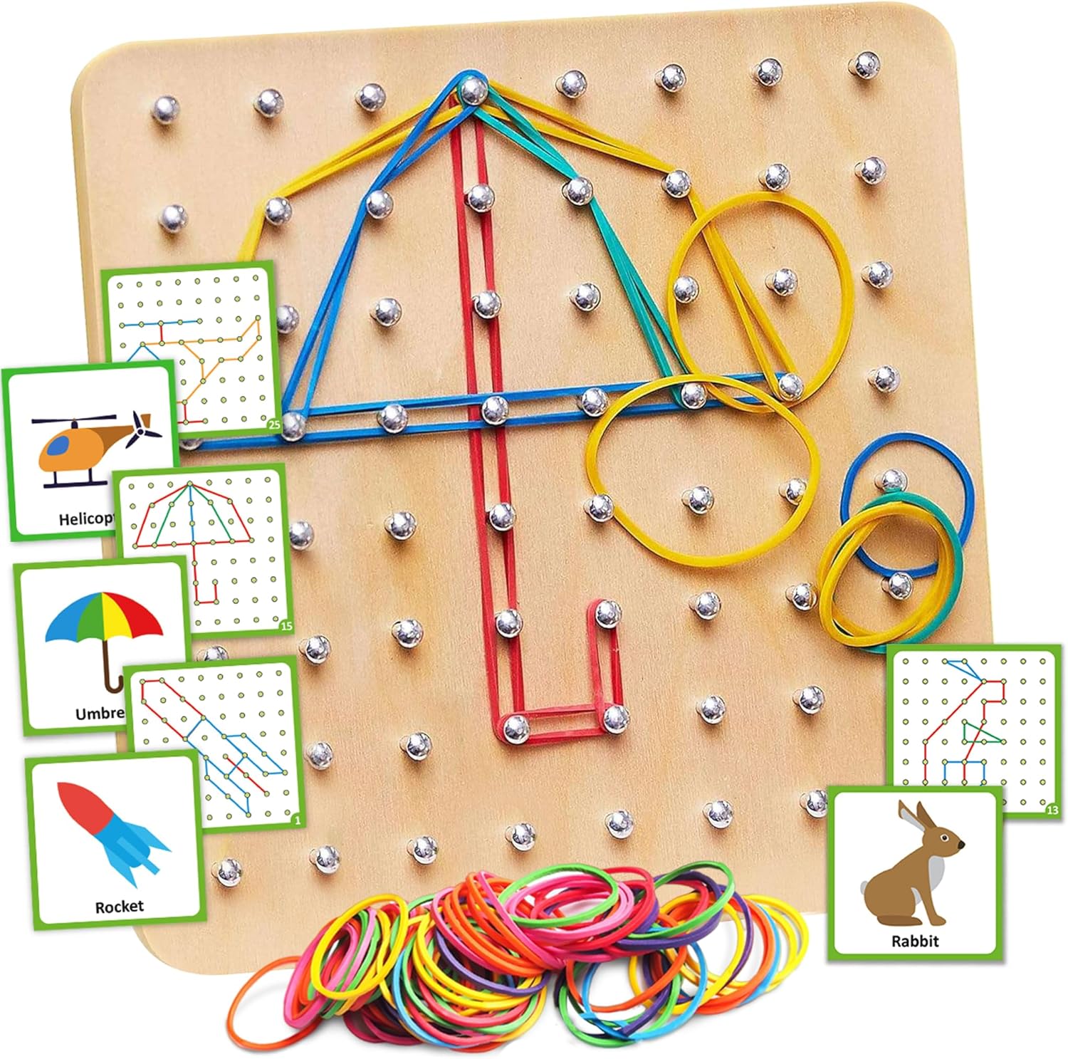 Wooden Geoboard - Montessori Toys for 3 4 5 Year Old Kids and Toddlers, Educational Toy with 30 Pattern Cards and 40 Rubber Bands to Create Figures, Brain Teaser STEM Toy Geo Board