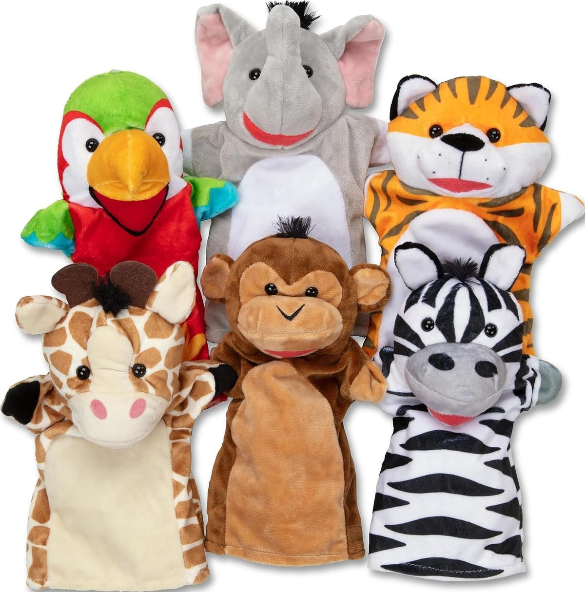 Melissa & Doug Safari Buddies Hand Puppets, Set of 6 (Elephant, Tiger, Parrot, Giraffe, Monkey, Zebra) Soft, Plush Puppet, Stuffed Animals, Pretend Play Toddler Toys for Girls & Boys
