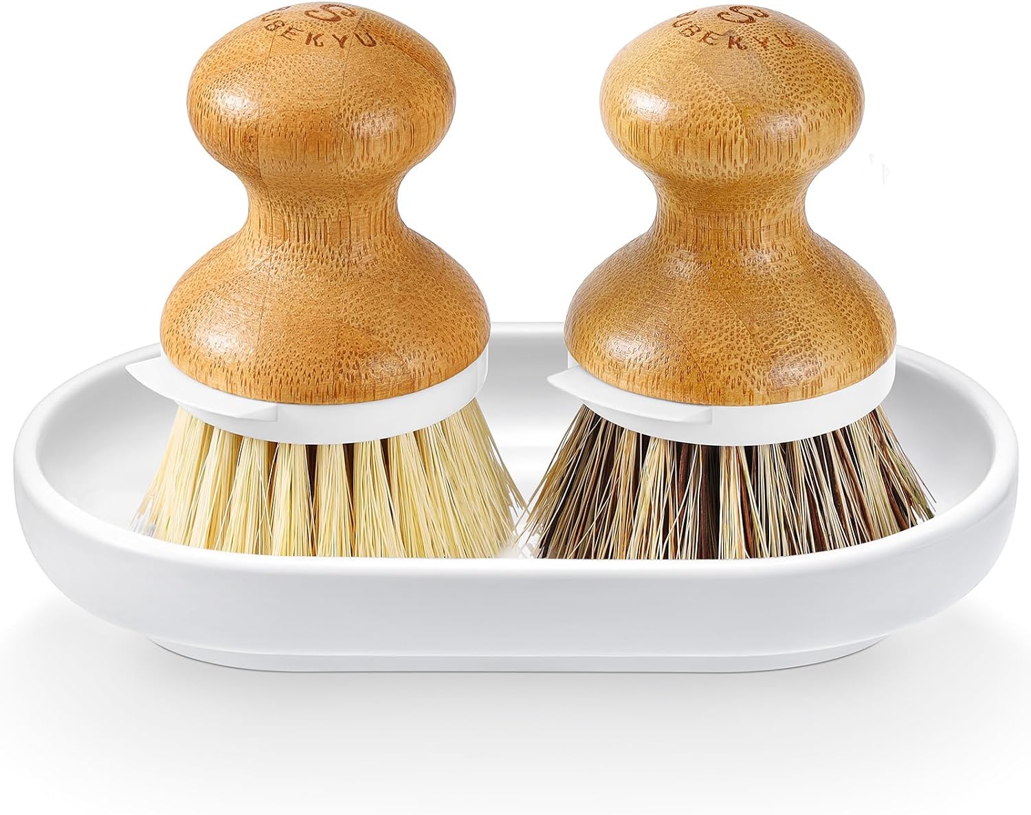 Bamboo Dish Brush,Sisal Brush with Scraper,1Pack with Ceramic Holder | Vegetable Brush,Wooden Dishwashing Brush for Cleaning Dishes/Pans/Pots,Built-in Scraper,Natural Sisal Bristles