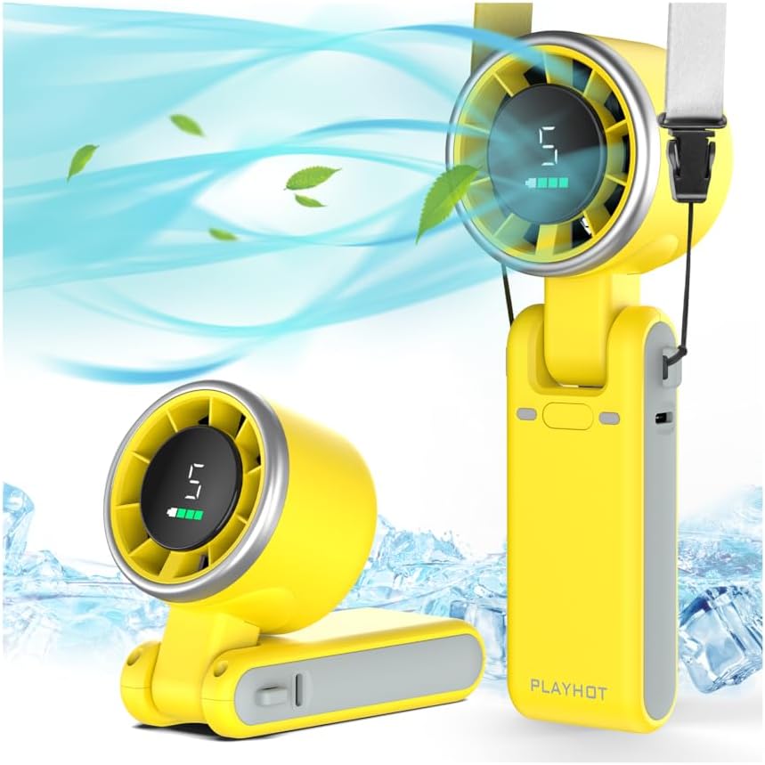 PlayHot Portable Handheld Turbo Fan, Travel Essentials, Gifts for Women/Men | 5-Speed, Up to 12H, 10m/s Airflow, USB-C Rechargeable, LED Display, 3-in-1 Foldable Personal Fan for Cruise, Beach, Vacation