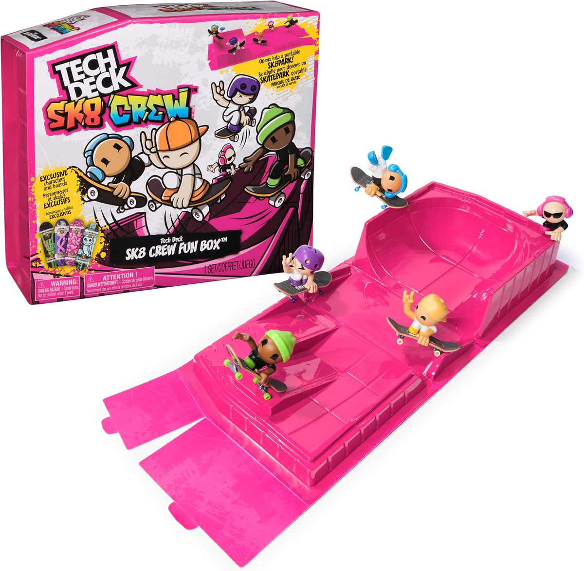 TECH DECK SK8 Crew Fun Box Transforming Skate Park Playset | Portable Box with Ramps & Rails, Includes 4 Fingerboards & 5 SK8 Crew Figures, Toy Skateboard Playset Gifts for Kids Ages 5+