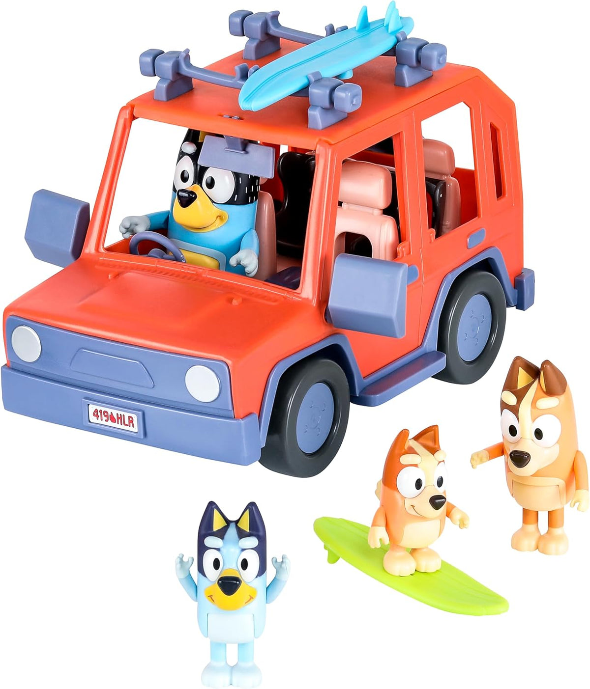 Bluey Heeler 4WD Family Toddler Toy Car, Pretend Play Toys, 4 Figures | Surfboards and sticker sheet, Bluey toy playset for kids ages 3+, Bluey and Bingo toys