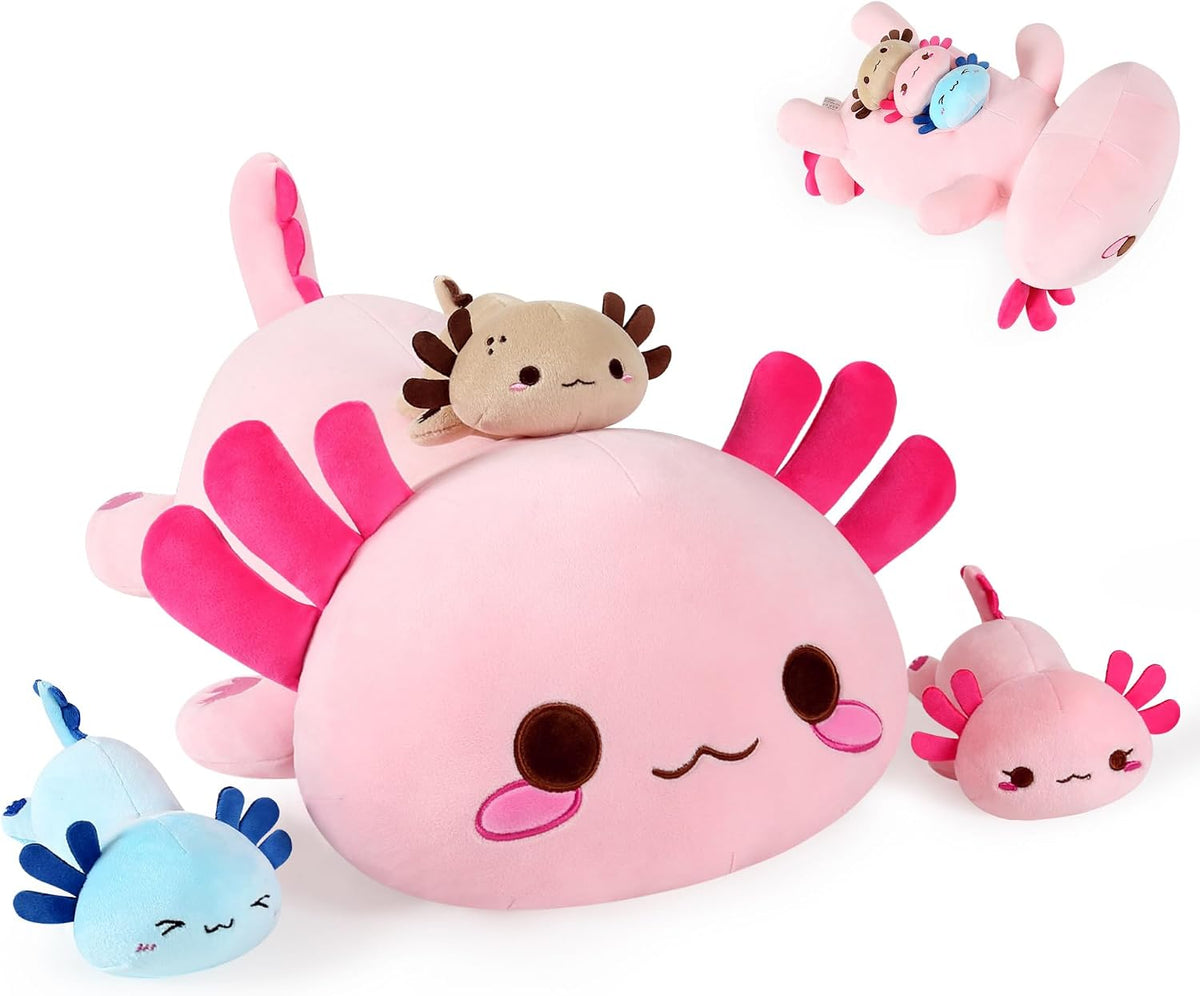 Onsoyours Axolotl Stuffed Animal Mommy 19.7" with 3 Baby Axolotl Plushies in Tummy, 4 Piece of Cute Axolotl Plush Pillow Toys for Kids Girls Boys