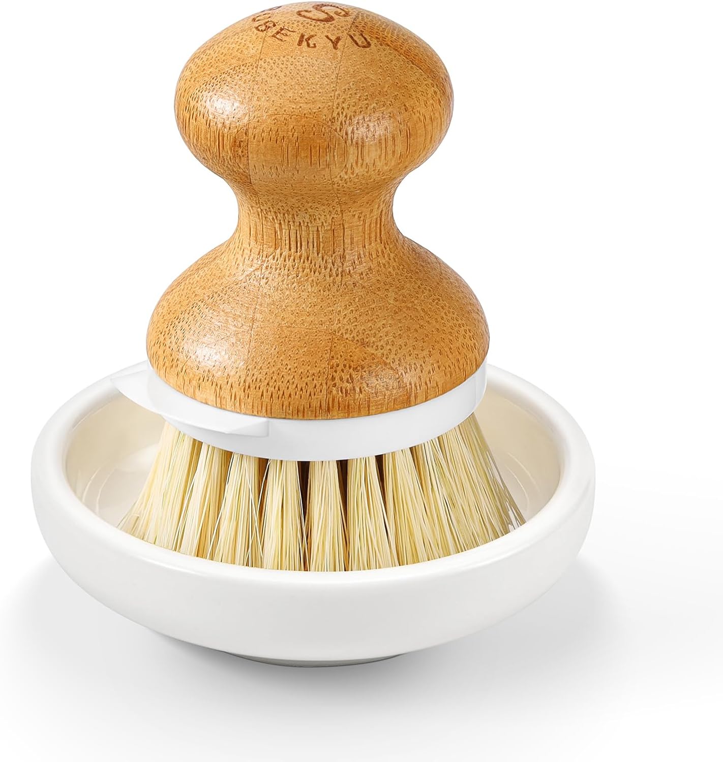Bamboo Dish Brush,Sisal Brush with Scraper,1Pack with Ceramic Holder | Vegetable Brush,Wooden Dishwashing Brush for Cleaning Dishes/Pans/Pots,Built-in Scraper,Natural Sisal Bristles