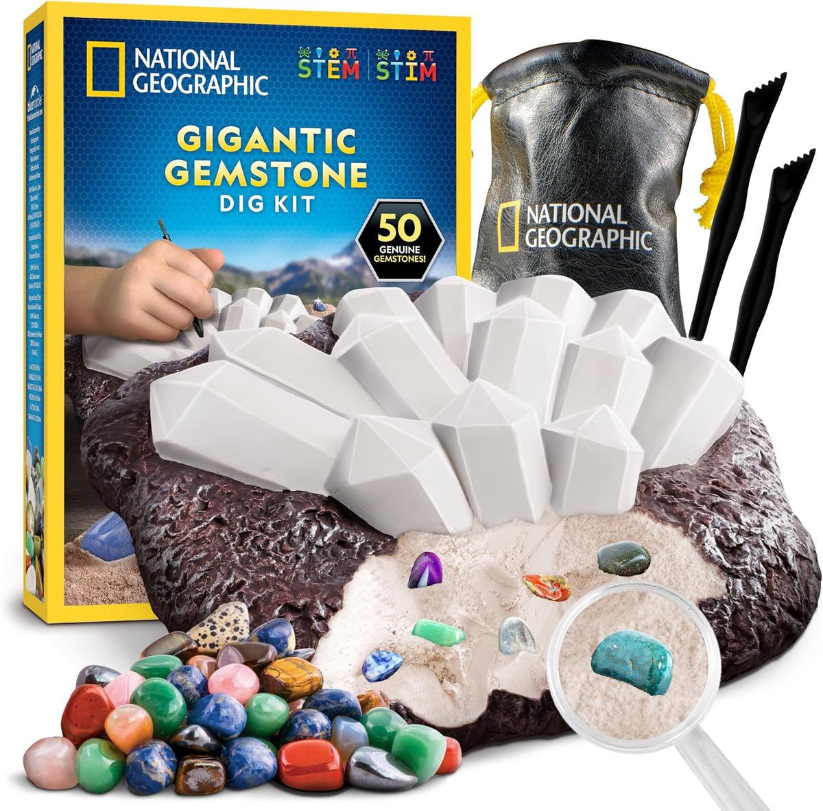 National Geographic Gemstone Dig Kit with 10 Real Gemstones for Kids | Amethyst, Quartz & Tiger's Eye, Gem Mining Activity, Excavation Tools, Rock Collection, Geology Science, Birthday Gift