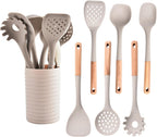 Silicone Cooking Utensils Set, 8 Piece Non-stick Utensils Spatula Set with Holder,Khaki Kitchen Utensils with Wooden Handles,Heat Resistant Cooking Set Kitchen Gadgets Gifts for Mother (Khaki)