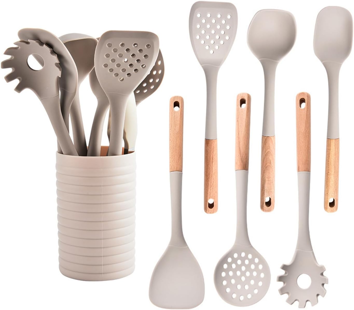 Silicone Cooking Utensils Set, 8 Piece Non-stick Utensils Spatula Set with Holder,Khaki Kitchen Utensils with Wooden Handles,Heat Resistant Cooking Set Kitchen Gadgets Gifts for Mother (Khaki)