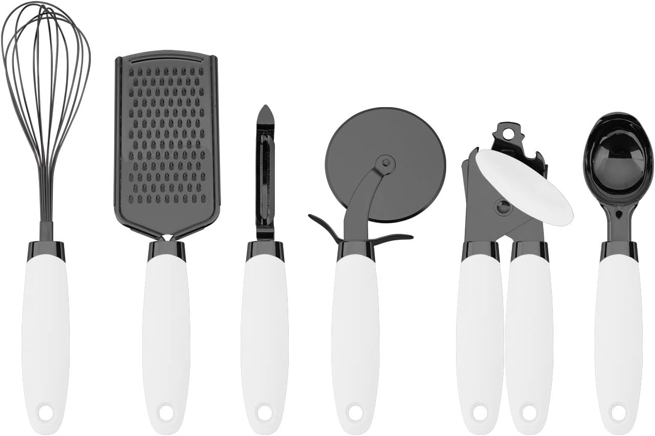 Country Kitchen 6 Pc Essentials Kitchen Stainless Steel Gadget Set Black Gun Metal with Soft Touch White Handles for Cooking