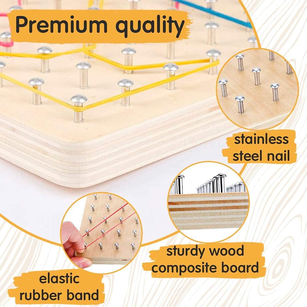 Wooden Geoboard - Montessori Toys for 3 4 5 Year Old Kids and Toddlers, Educational Toy with 30 Pattern Cards and 40 Rubber Bands to Create Figures, Brain Teaser STEM Toy Geo Board