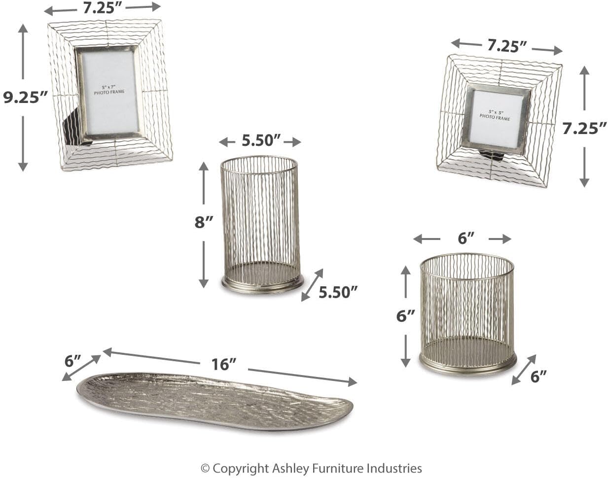 Signature Design by Ashley Dympna 5 Piece Home Décor Set with Tray, Candle Holder & Photo Frames, Silver Finish