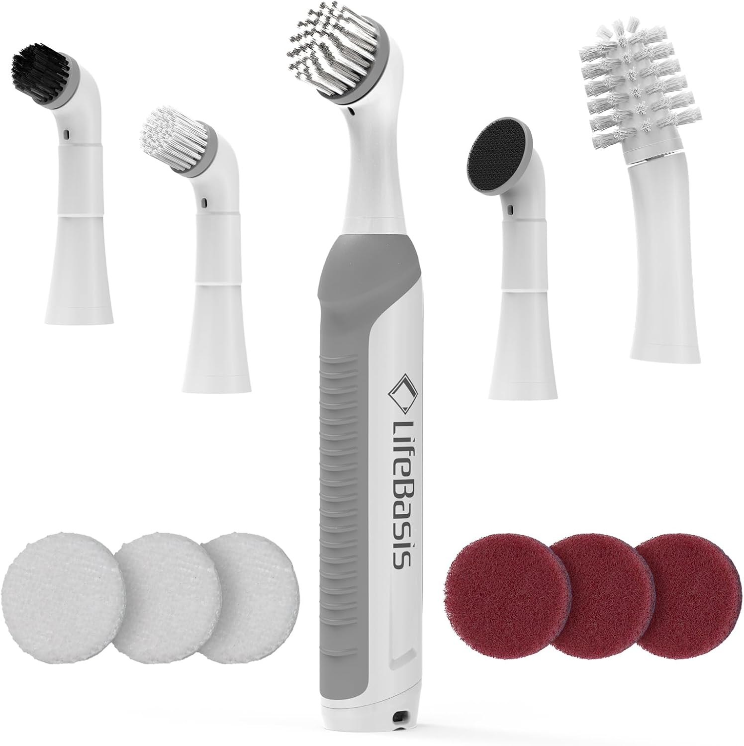 LifeBasis Cordless Rechargeable Power Scrubber Brush, White | Water-resistant Compact Scrubber with 5 Replaceable Brush Heads for Grout, Tile, Shower, Tub, Kitchen and Bathroom Cleaning