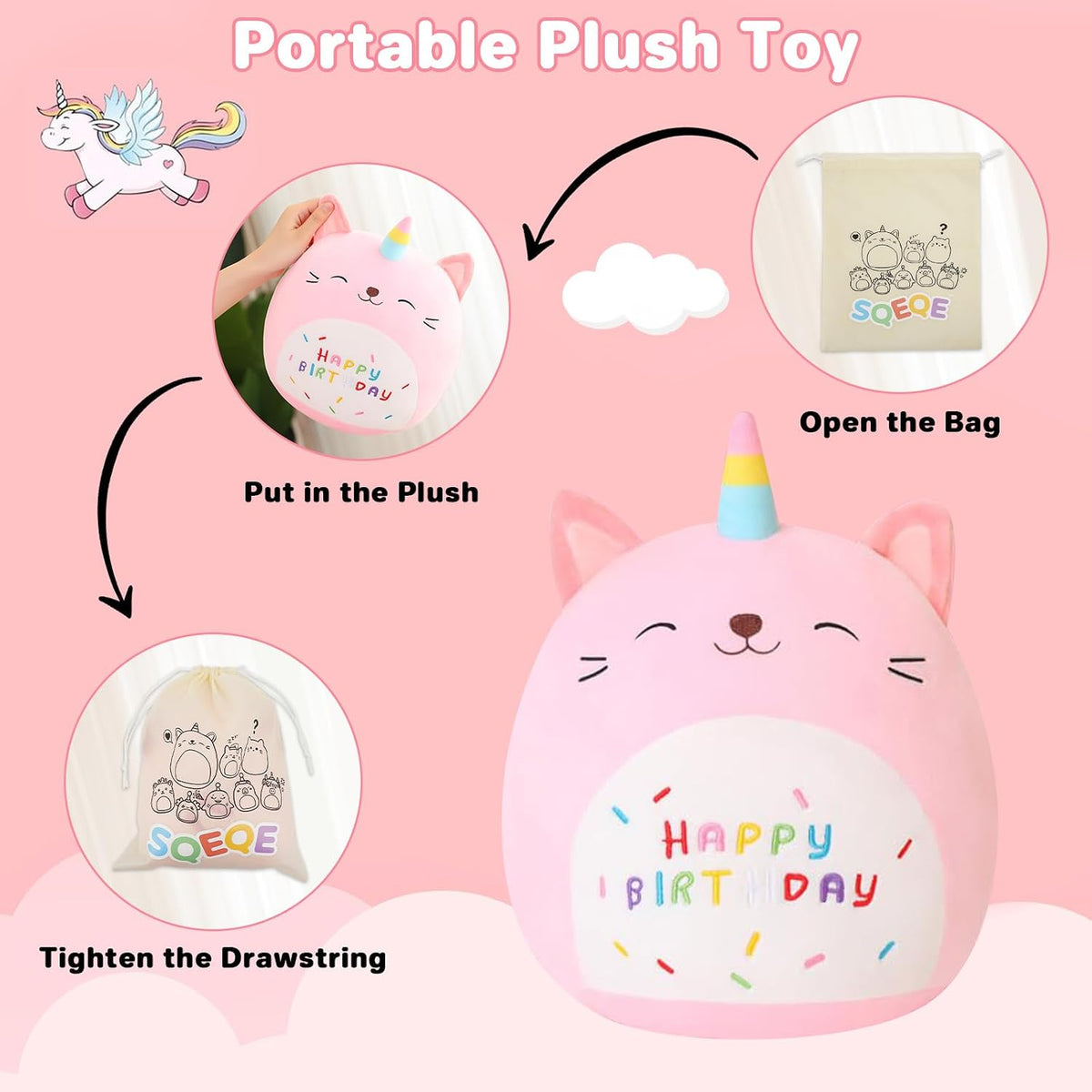 SQEQE Unicorn Cat Plush Kawaii Birthday Cat Plushies Pillow Cat Stuffed Animal Toy Soft Plushie Doll Gifts for Kids Decor(Caticorn, 8 Inch)