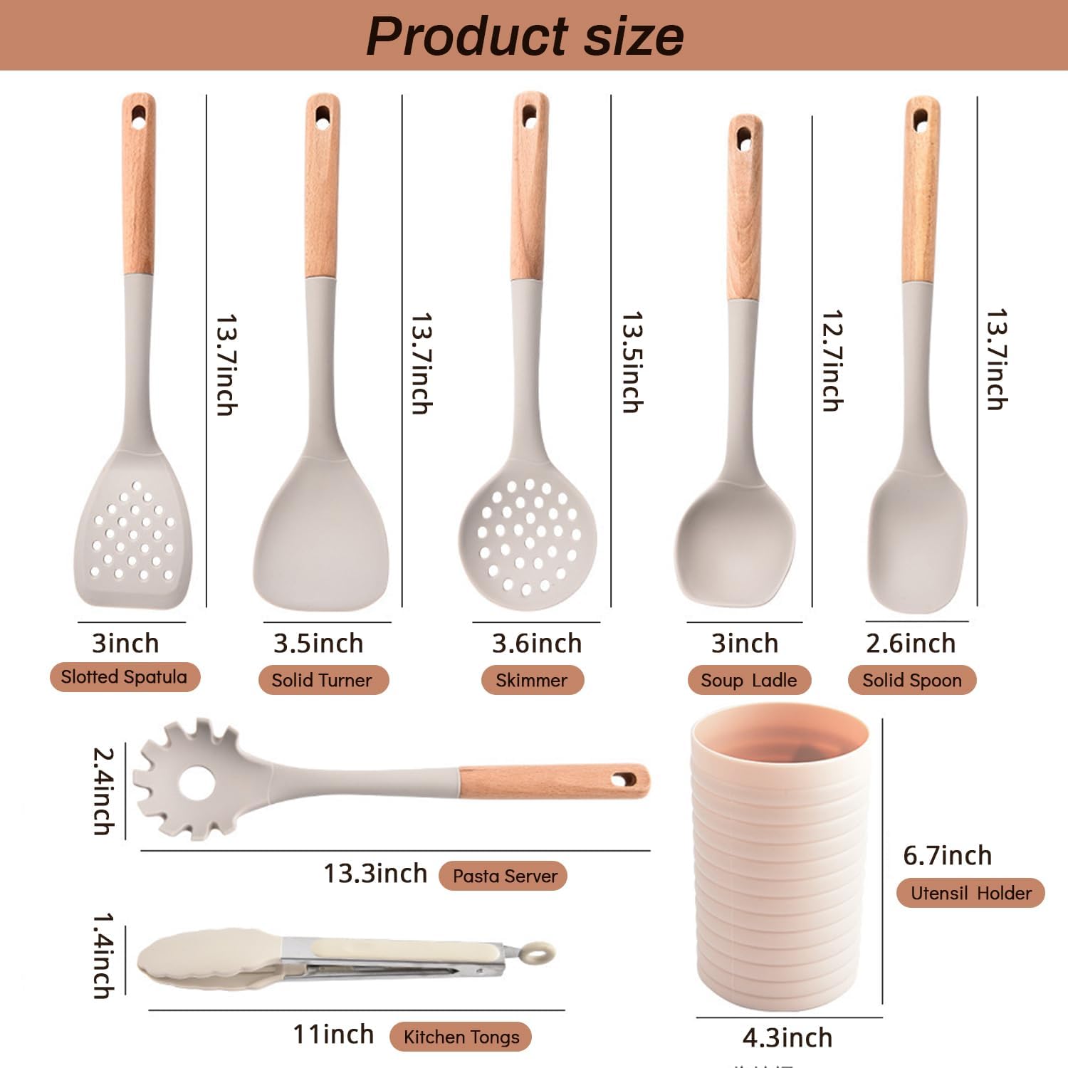 Silicone Cooking Utensils Set, 8 Piece Non-stick Utensils Spatula Set with Holder,Khaki Kitchen Utensils with Wooden Handles,Heat Resistant Cooking Set Kitchen Gadgets Gifts for Mother (Khaki)