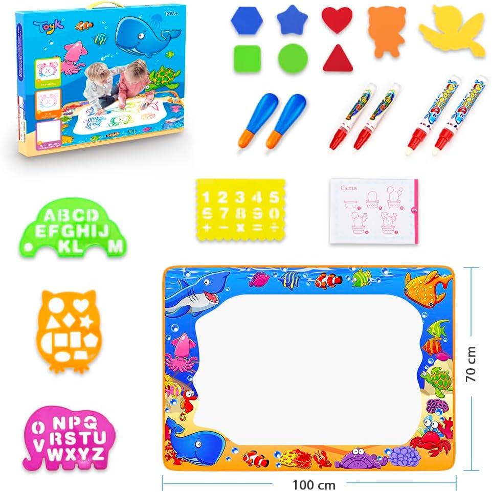 Water Doodle Mat - Kids Color Painting Toy, Gift Set for Toddlers 3-7 | Great Educational Water Doodle Mat - Toddler Painting Toy Gift with Fun Stencils, Magic Pens & Drawing Templates for Kids