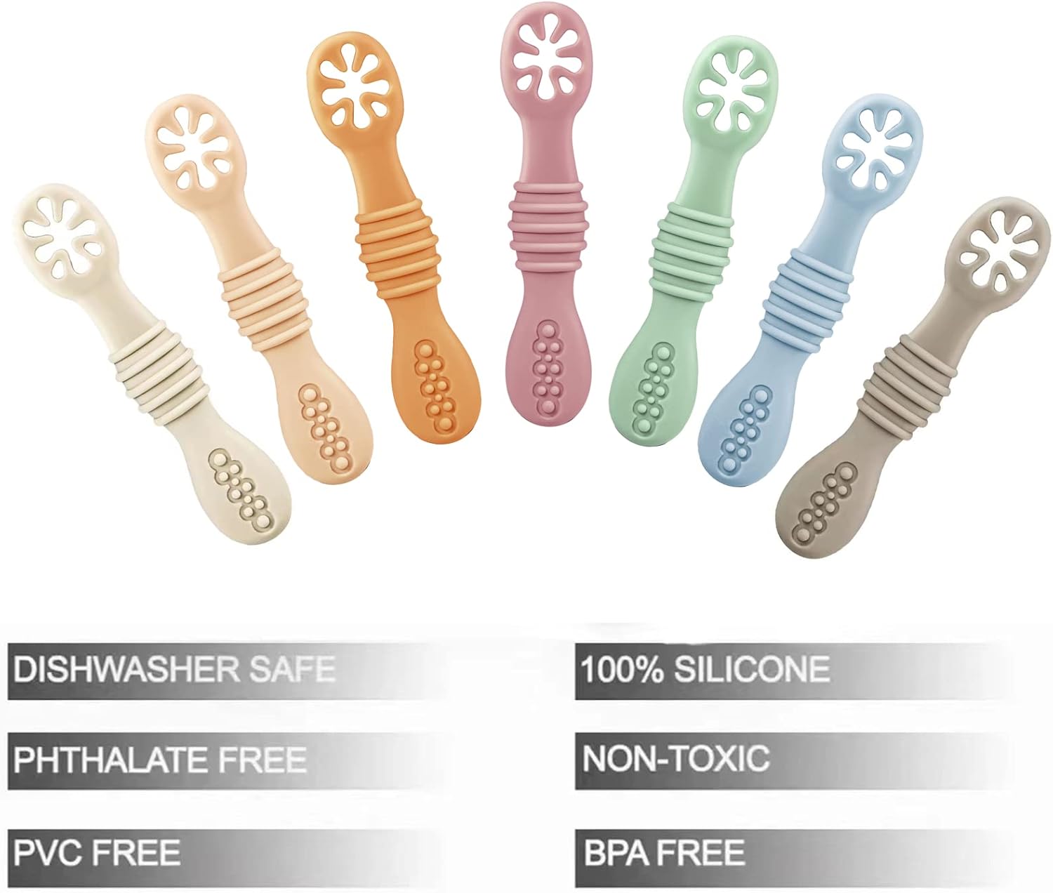 PandaEar 7 Pack Silicone Baby Feeding Spoon, Baby Led Weaning Supplies | Toddler Infant Feeding Spoon First Stage, BPA Free