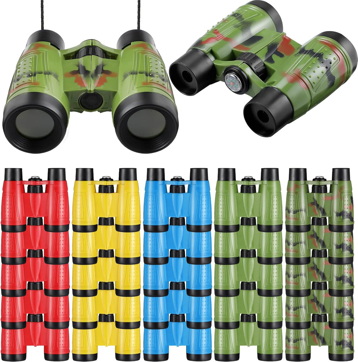 25 Pack Kids Binoculars with Compass Assorted Color | for Kids 6 Years, Neck String, Camping Adventure, Outdoor Exploration, Party Favor, Educational Gift
