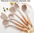 Silicone Cooking Utensils Set, 8 Piece Non-stick Utensils Spatula Set with Holder,Khaki Kitchen Utensils with Wooden Handles,Heat Resistant Cooking Set Kitchen Gadgets Gifts for Mother (Khaki)