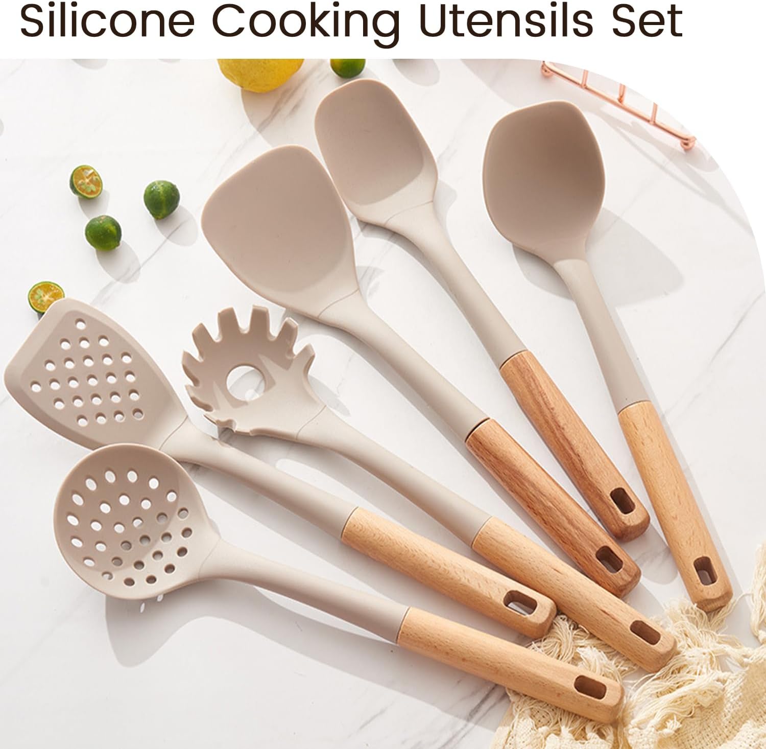 Silicone Cooking Utensils Set, 8 Piece Non-stick Utensils Spatula Set with Holder,Khaki Kitchen Utensils with Wooden Handles,Heat Resistant Cooking Set Kitchen Gadgets Gifts for Mother (Khaki)