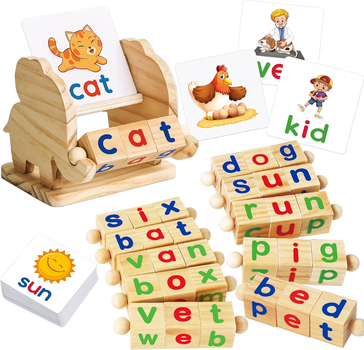 Montessori Educational Toy，Learning Activities Gift for Kid 3-6 Year | Wooden Reading Blocks Toys, Learning Activities for Preschool Kindergarten, Turning Rotating Matching Flash Card Games