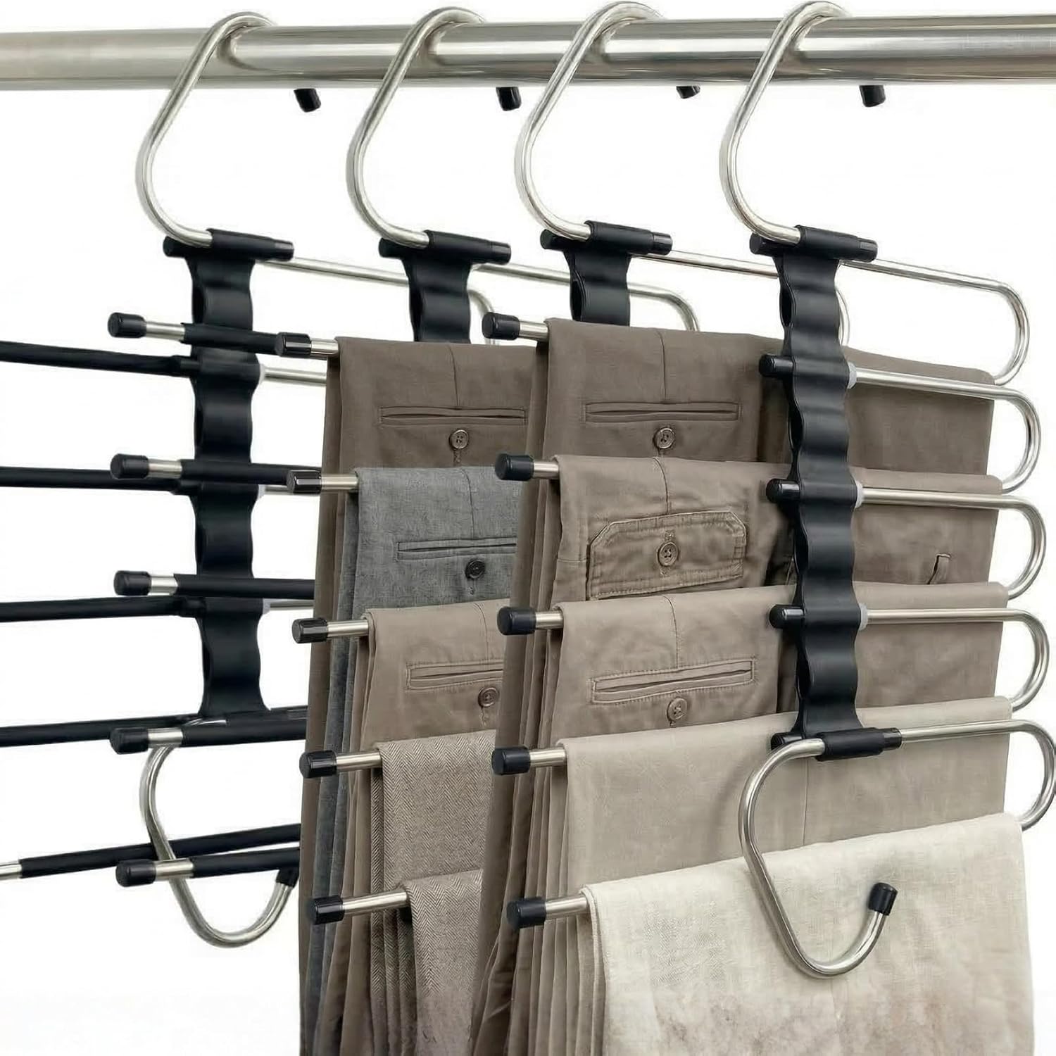 Magic Pants Hangers Space Saving - 2 Pack for Closet Multiple Layers Multifunctional Uses Rack Organizer for Trousers Scarves Slack (2 Pack with 10 Metal Clips)
