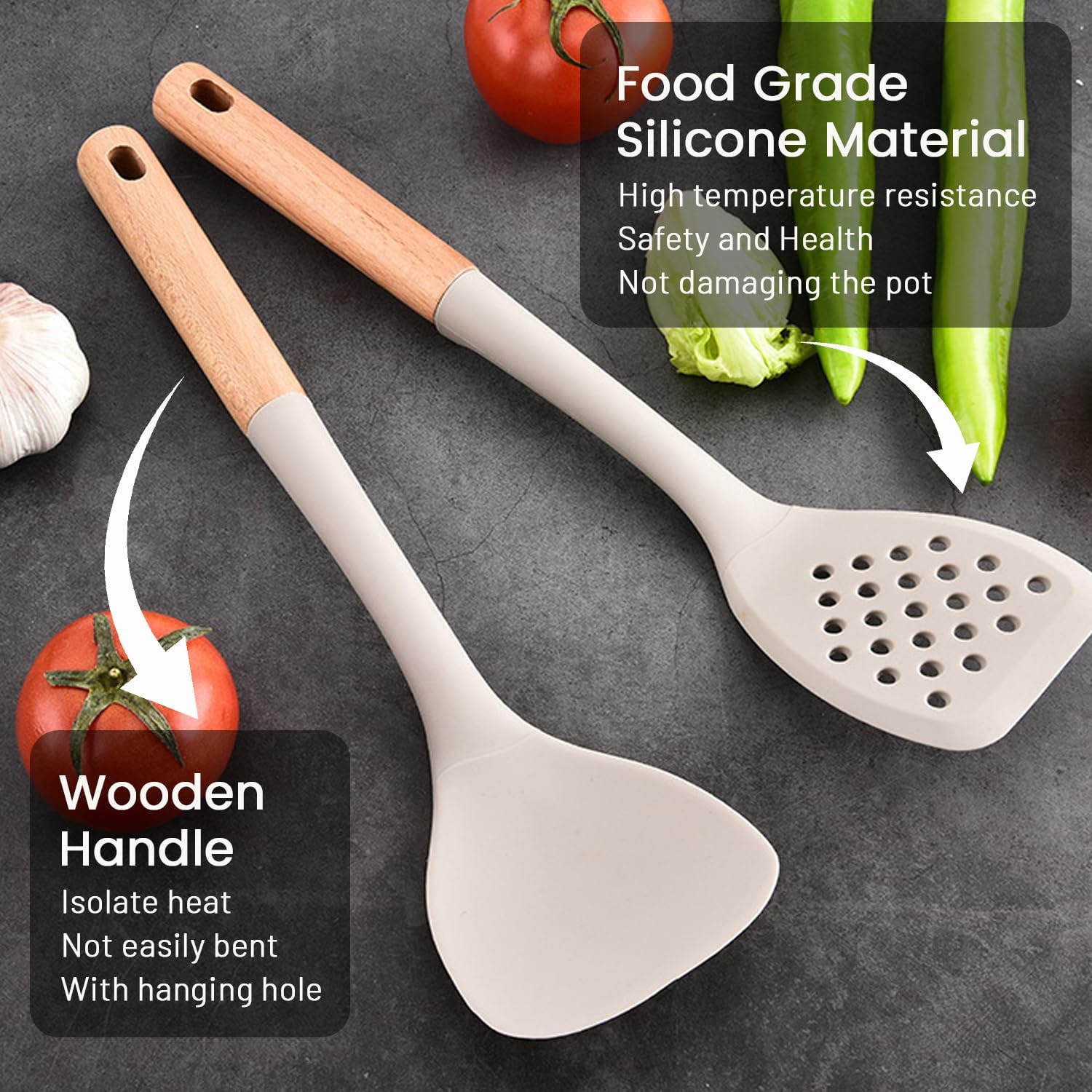 Silicone Cooking Utensils Set, 8 Piece Non-stick Utensils Spatula Set with Holder,Khaki Kitchen Utensils with Wooden Handles,Heat Resistant Cooking Set Kitchen Gadgets Gifts for Mother (Khaki)