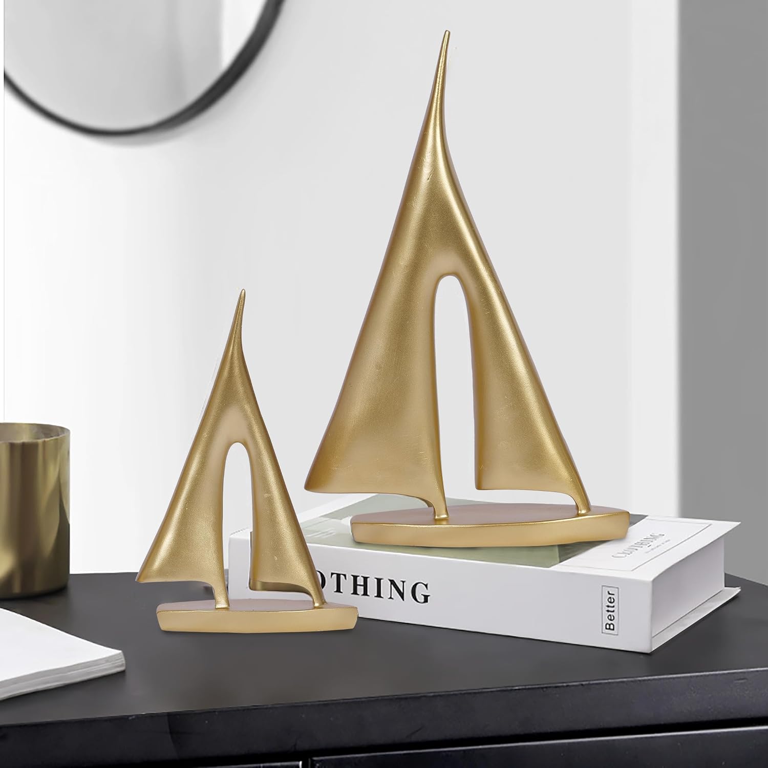 2 Pack Gold Sailboat Decor Boat Sculpture for Home Decor Modern Boat Statue Decorative Nautical Decoration for Living Room Bookshelf Shelf Table Office