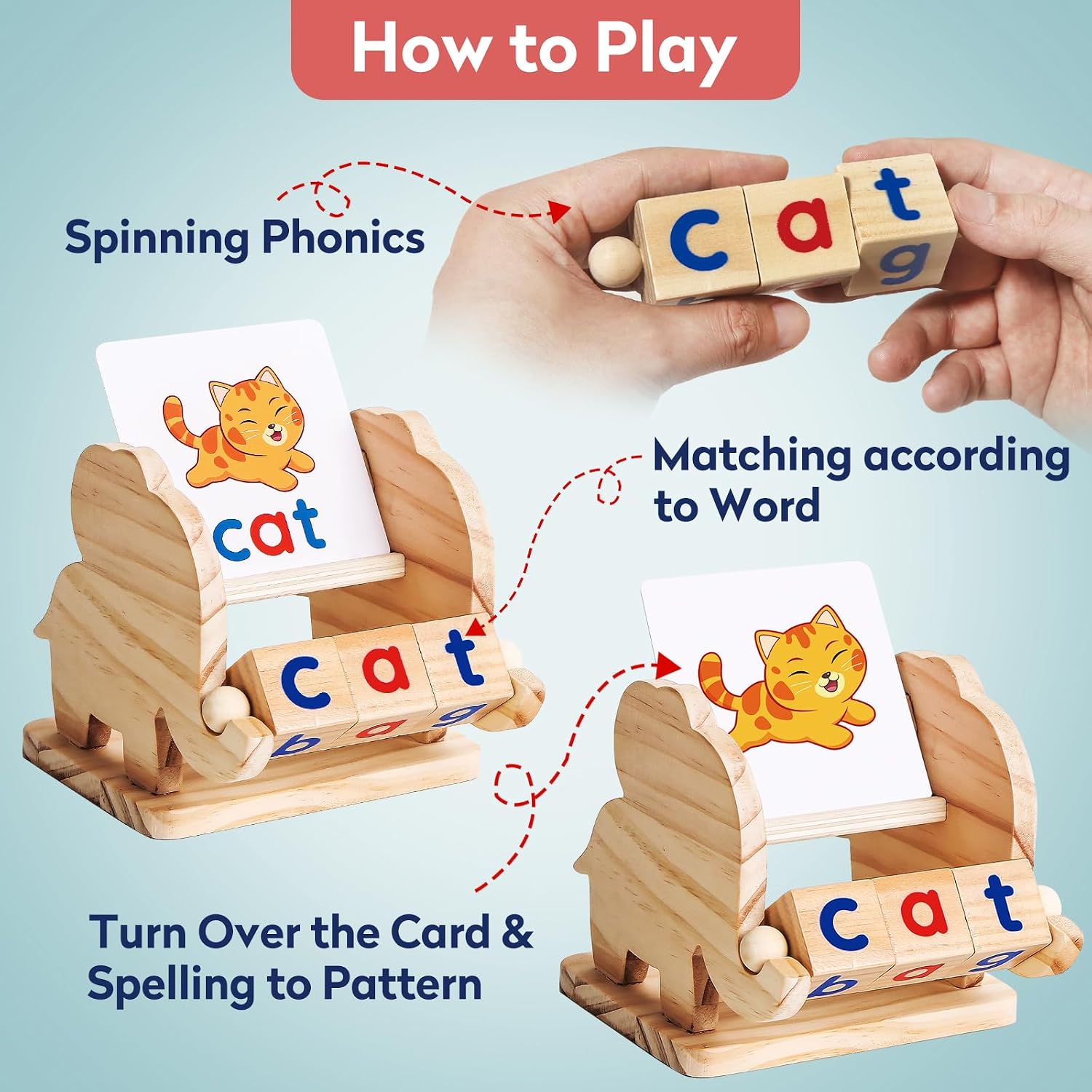Montessori Educational Toy，Learning Activities Gift for Kid 3-6 Year | Wooden Reading Blocks Toys, Learning Activities for Preschool Kindergarten, Turning Rotating Matching Flash Card Games