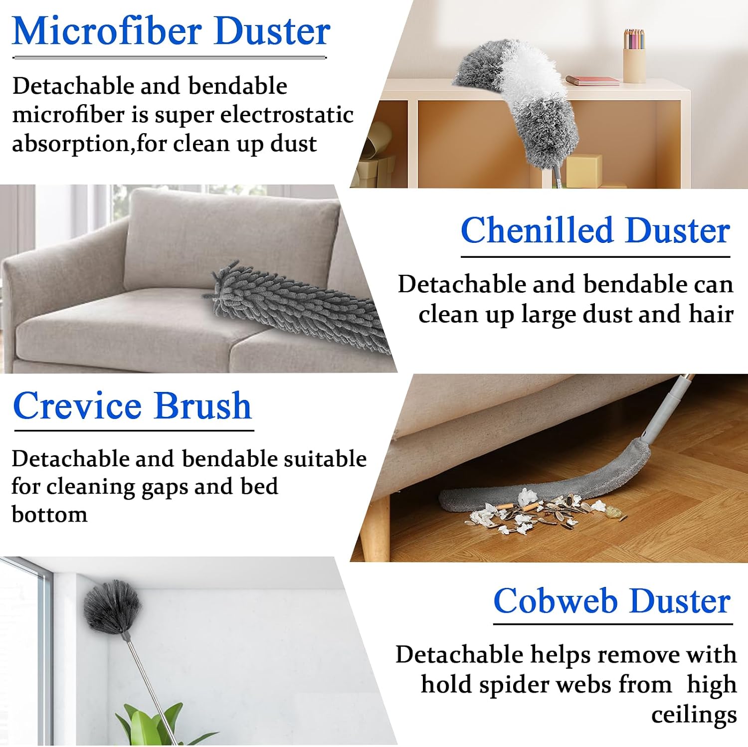 Dusters for Cleaning,9Pcs Feather Duster with Extension Pole Up to 100'',Bendable Extendable Long Feather Duster for Cleaning Fan,High Ceiling,Blinds,Furniture,Cars