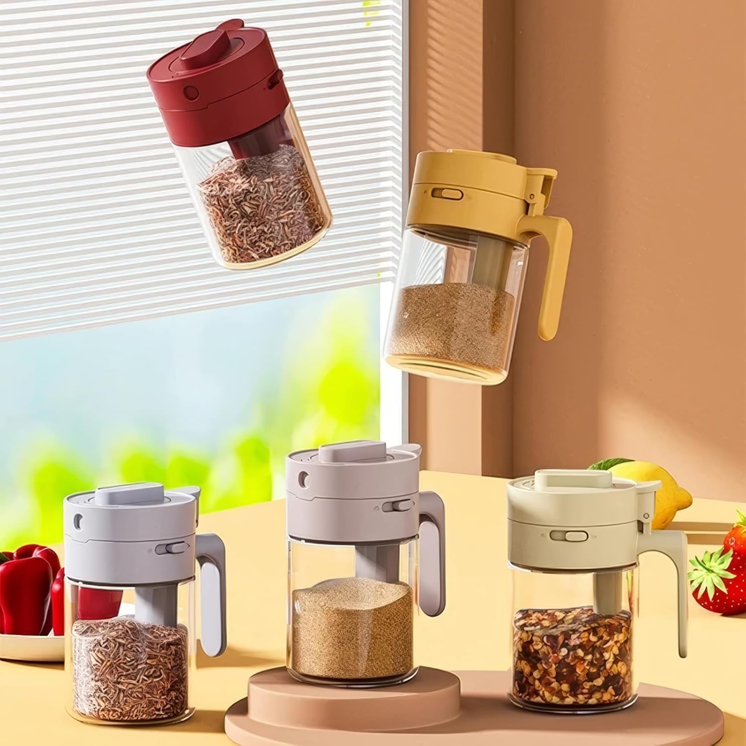 Multifunctional Seasoning Box, 2 in 1 Spice Jar Set with Lid and Spoon, Airtight Glass Seasoning Containers for Coffee Tea Sugar Salt, Ideal for Kitchen Storage & Organization (Milk Coffee)