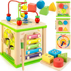WOODMAM Wooden 7-in-1 Activity Cube, Montessori Toys for 1 2 Year Old | Baby Educational Developmental Toys, One Year Old Boy Girl Birthday Gifts, Bead Maze, Xylophone, Sorting & Stacking Board
