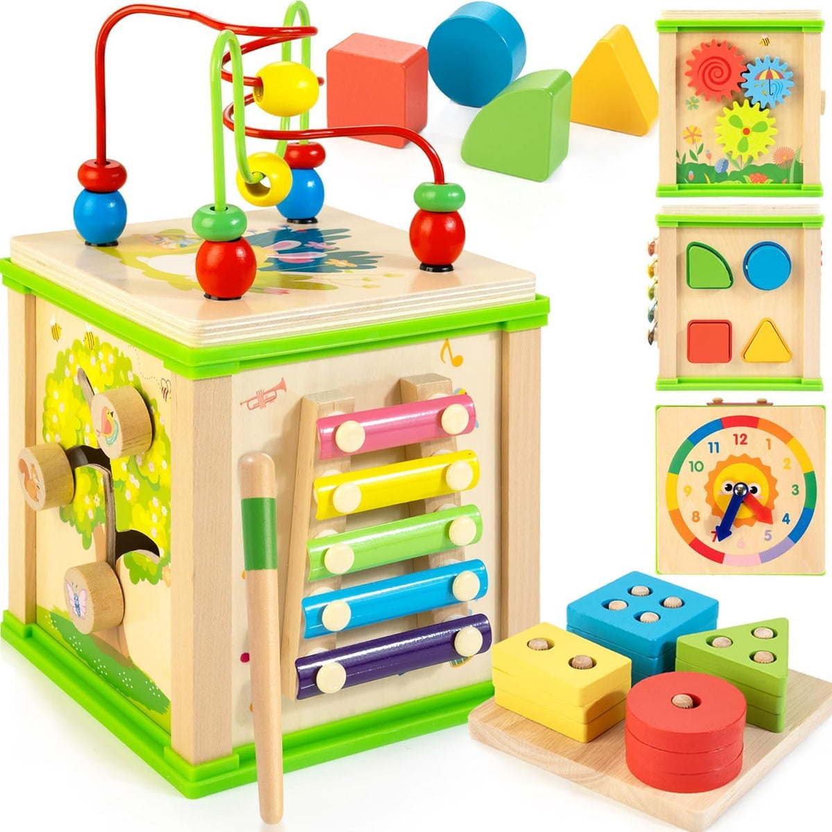 WOODMAM Wooden 7-in-1 Activity Cube, Montessori Toys for 1 2 Year Old | Baby Educational Developmental Toys, One Year Old Boy Girl Birthday Gifts, Bead Maze, Xylophone, Sorting & Stacking Board