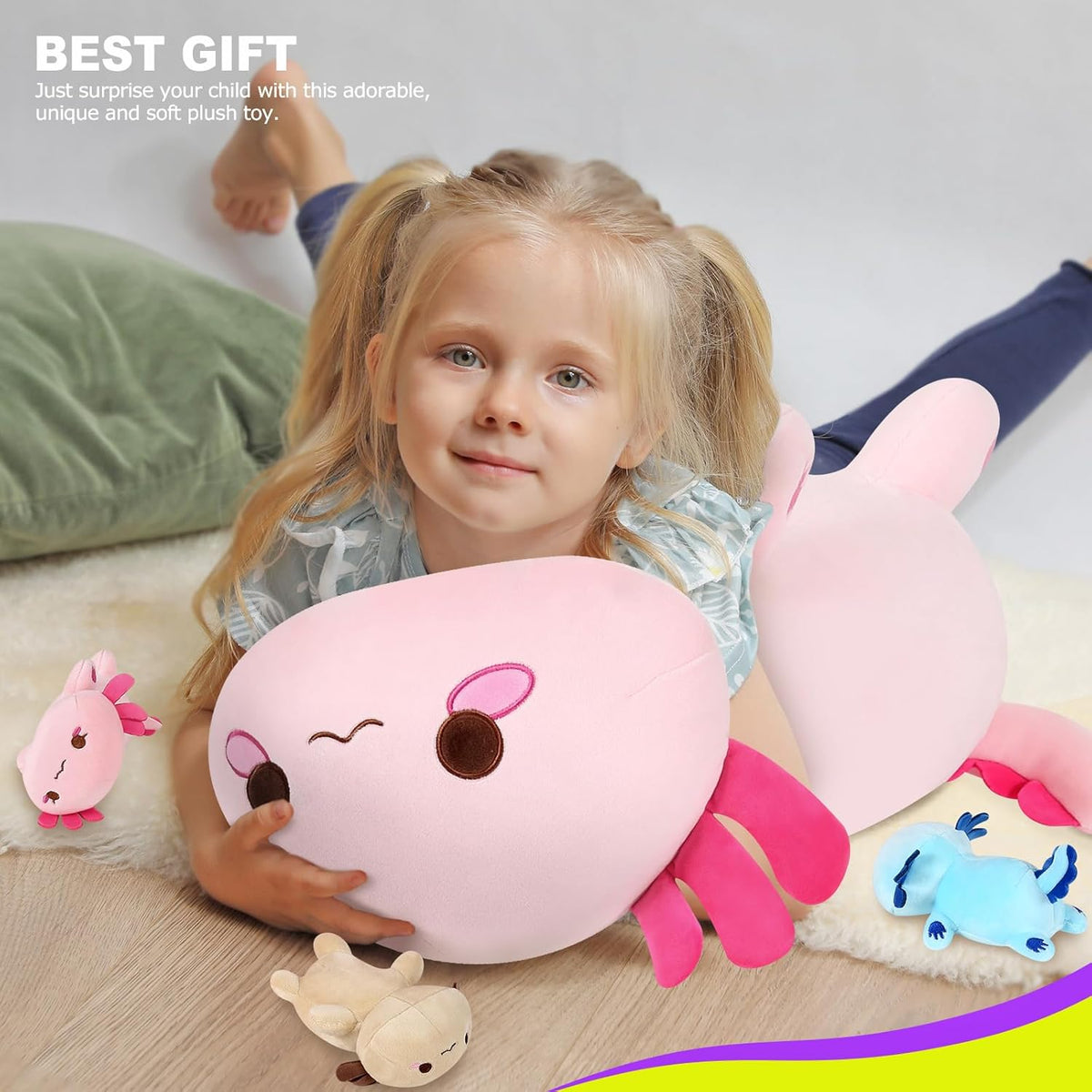 Onsoyours Axolotl Stuffed Animal Mommy 19.7" with 3 Baby Axolotl Plushies in Tummy, 4 Piece of Cute Axolotl Plush Pillow Toys for Kids Girls Boys