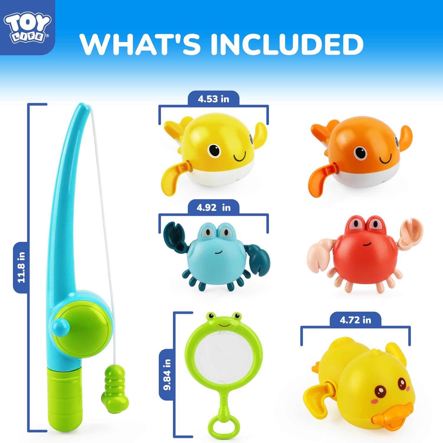 TOY Life Magnetic Fishing Bath Toy Set for Toddlers, Ages 1-3 | 7 pieces, wind-up swimmers, fishing pole and net, mold-free sealed design, fine motor play, bathtub or water table