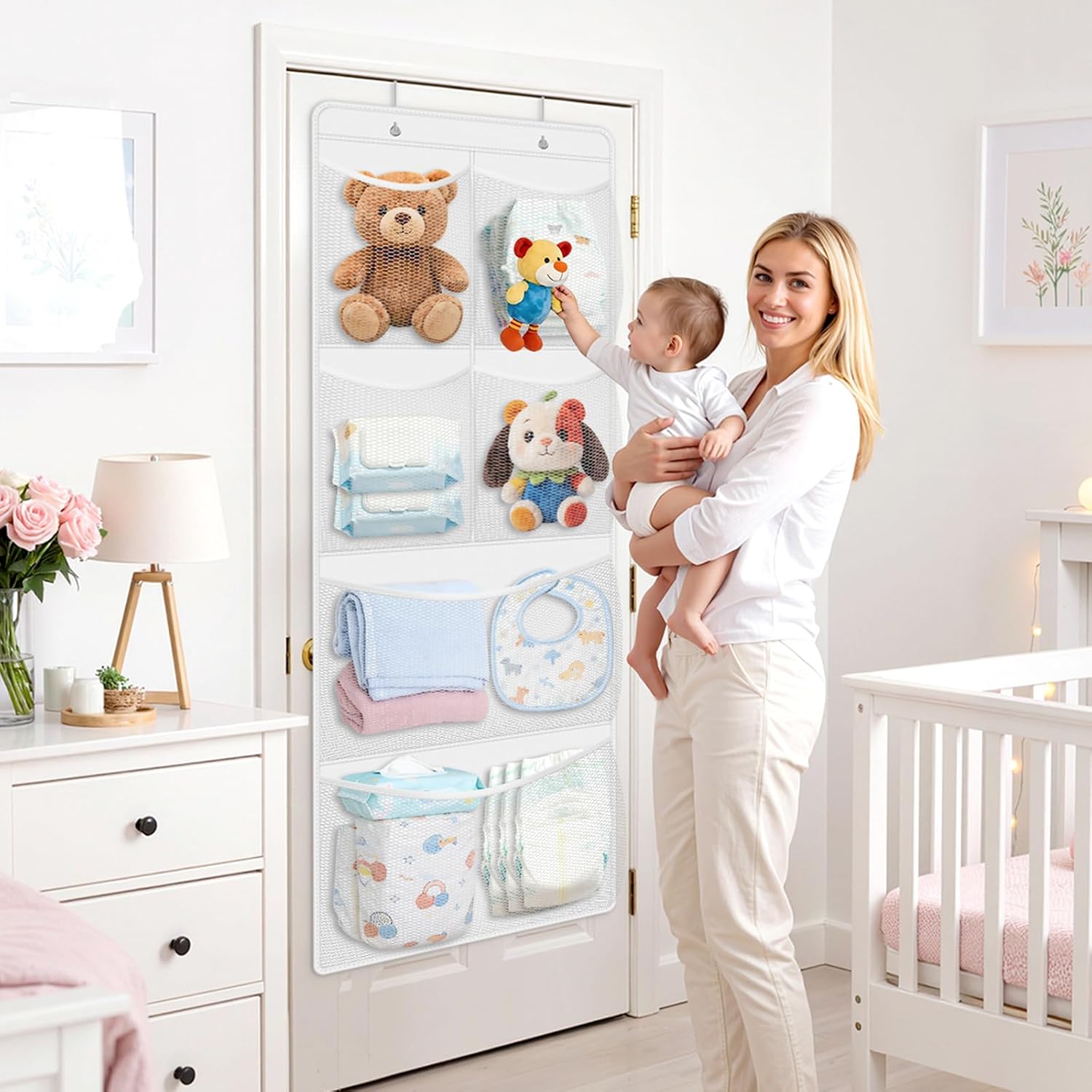 SpaceHacks Stuffed Animal Storage, Large Over the Door Organizer, White | 6 Expandable Mesh Pockets & 2 Metal Hooks, Non-Woven Fabric Hanging Plush Items Holder for Nursery, Bedroom, Playroom