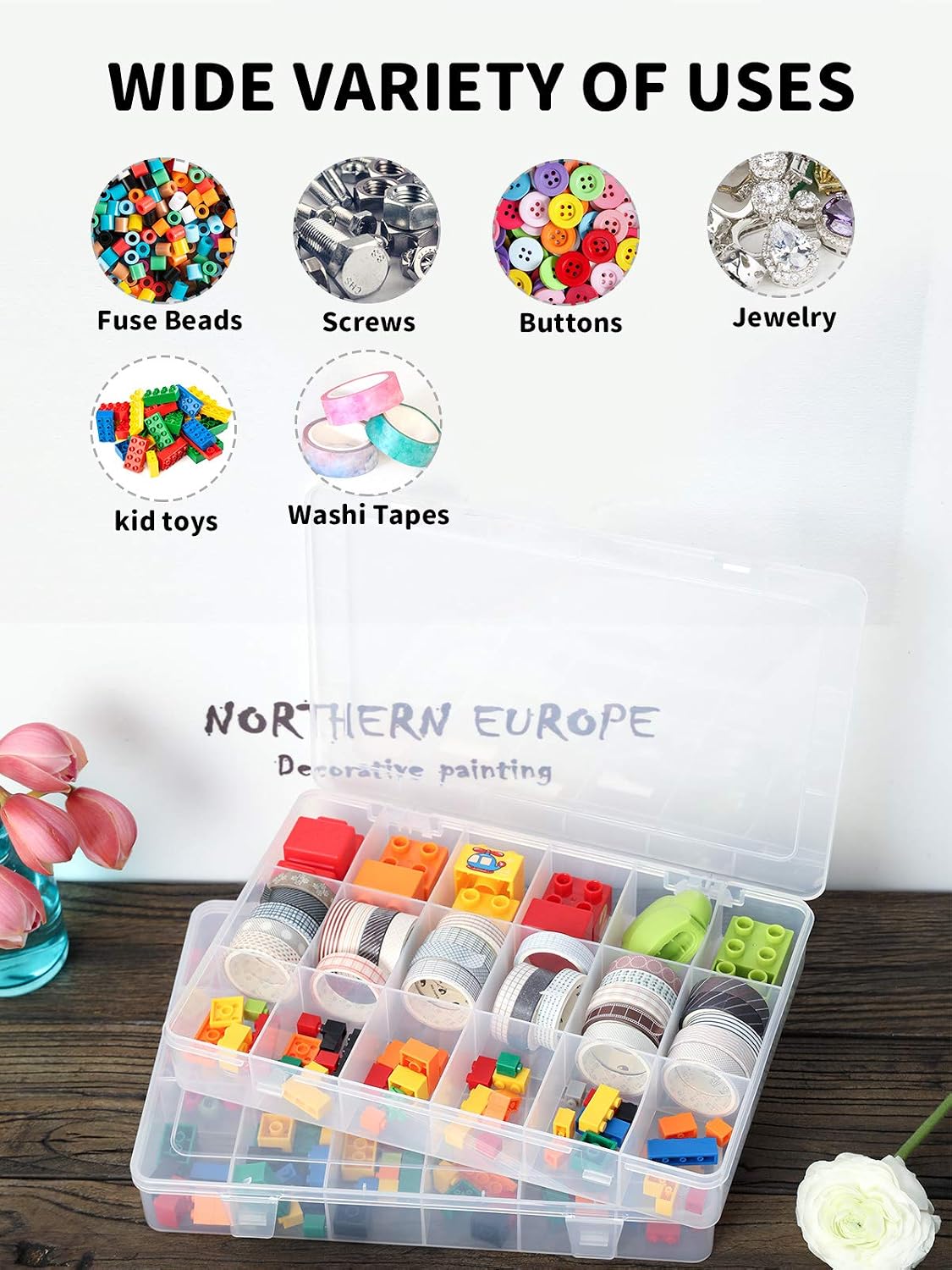 UHOUSE 2 PCS Clear Plastic Organizer Box，18 Grids Bead Storage Bins | 18 Grids Bead Organizer with Adjustable Dividers, Jewelry Storage Box, Small Clear Storage Bins, Lightweight Craft Organizer