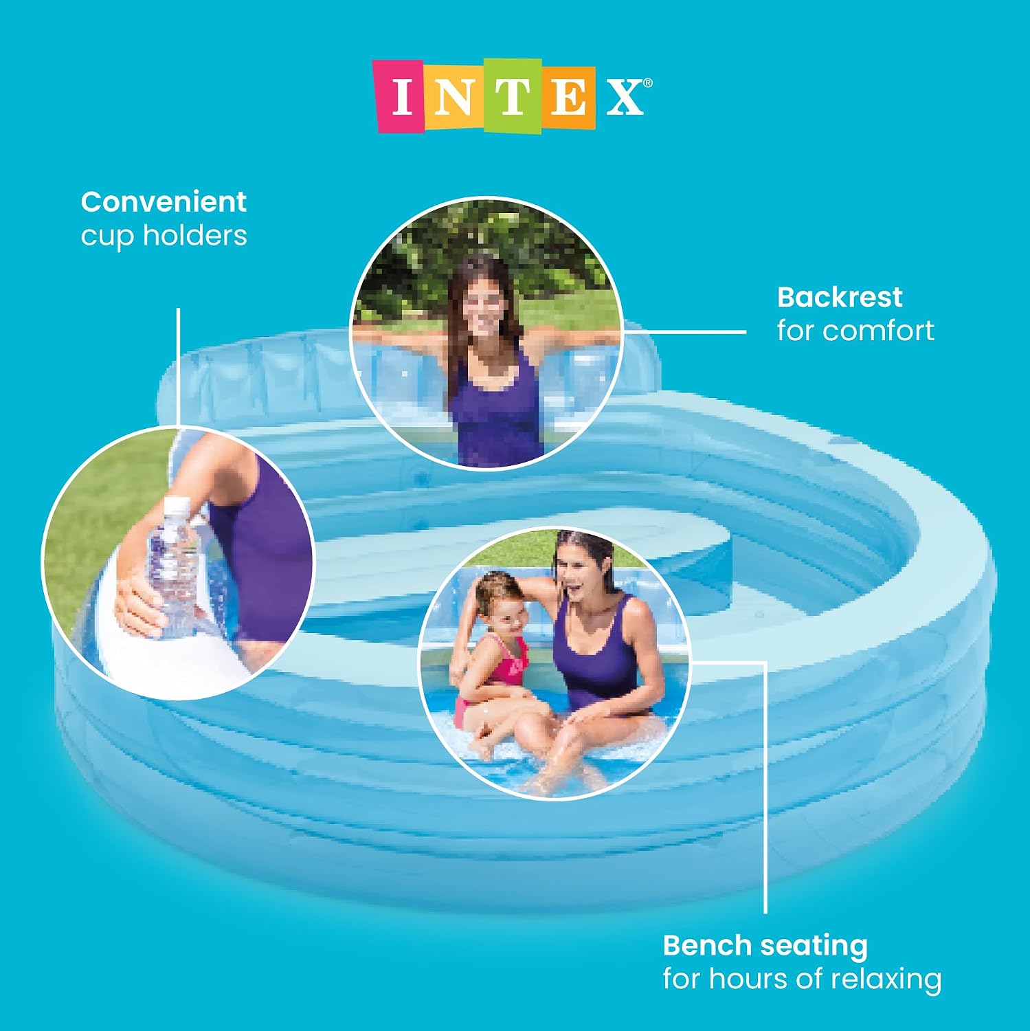 INTEX Round Family Lounge Inflatable Swimming Pool for Kids and Adults | 57190EP - Outdoor Backyard Swim Center with Built-In Bench & Drink Holders, 90in x 86in x 31in