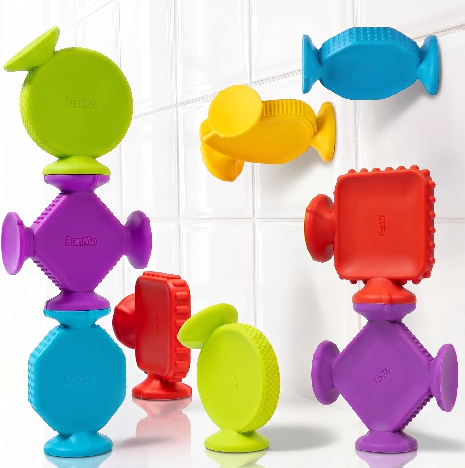 BUNMO Bath Toys for Toddlers - Connect, Build, Create - Suction Bathtub Toys - Hours of Fun & Creativity - Fine Motor Skills - Stimulating Sensory Toys - Babies Ages 1+ 2, 3 - Extra Large 10 Pack