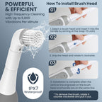 LifeBasis Cordless Rechargeable Power Scrubber Brush, White | Water-resistant Compact Scrubber with 5 Replaceable Brush Heads for Grout, Tile, Shower, Tub, Kitchen and Bathroom Cleaning